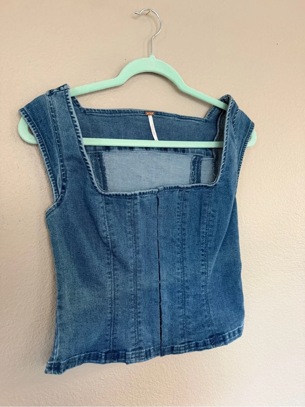 Free People Denim Square-Neck Tank Top in Medium Blue